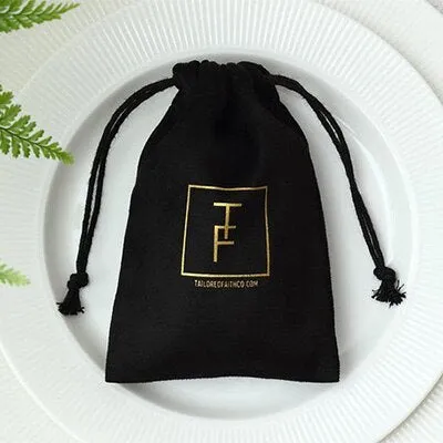 Flannel drawstring storage pouch in coffee colour, 9x12cm size, with drawstring closure on white background.