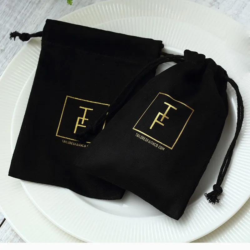 Flannel drawstring storage pouch in coffee colour, 9x12cm size, with drawstring closure on white background.