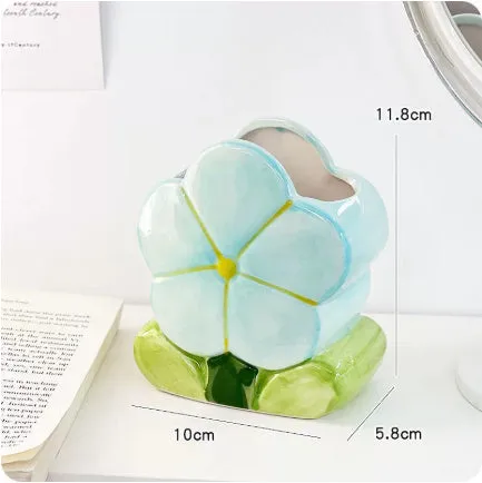 Ceramic flower pen holder storage box with floral pattern, dimensions 11.8x5.8x10cm