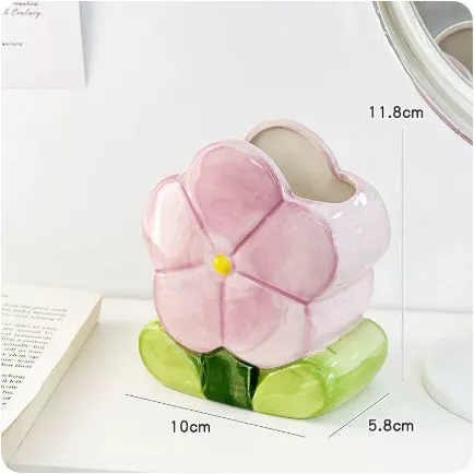 Ceramic flower pen holder storage box with floral pattern, dimensions 11.8x5.8x10cm