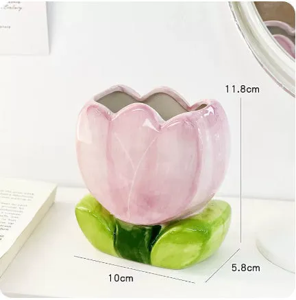 Ceramic flower pen holder storage box with floral pattern, dimensions 11.8x5.8x10cm