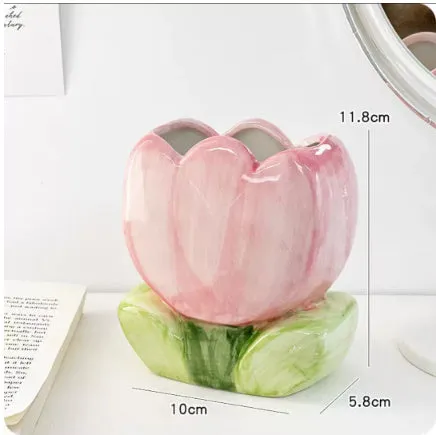 Ceramic flower pen holder storage box with floral pattern, dimensions 11.8x5.8x10cm