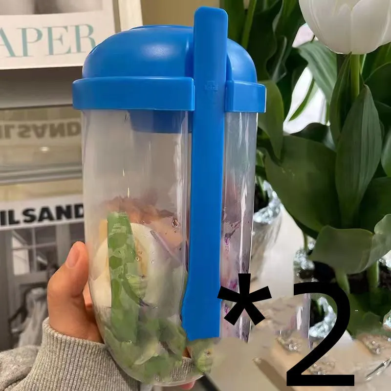 Ins style 1000ml salad cup with white fork and leak-proof cover, Klein Blue colour, on white background