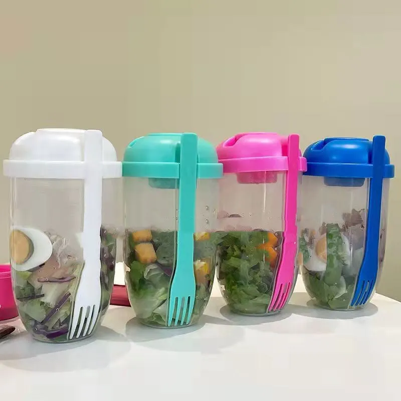 Ins style 1000ml salad cup with white fork and leak-proof cover, Klein Blue colour, on white background