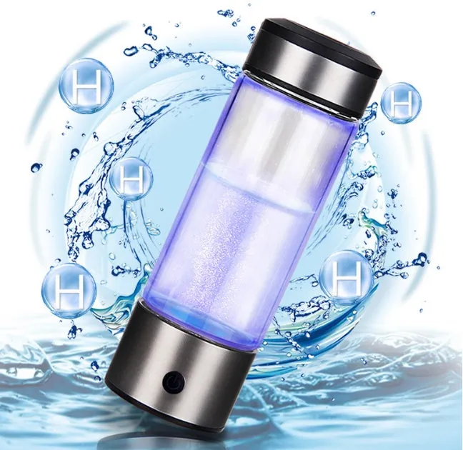 Silver hydrogen water generator bottle with 420ml capacity, high borosilicate glass body and USB charging port
