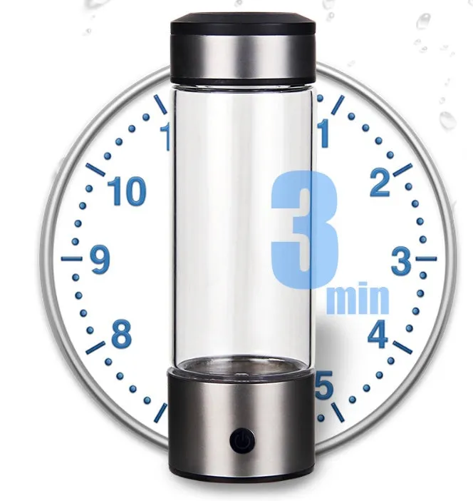Silver hydrogen water generator bottle with 420ml capacity, high borosilicate glass body and USB charging port