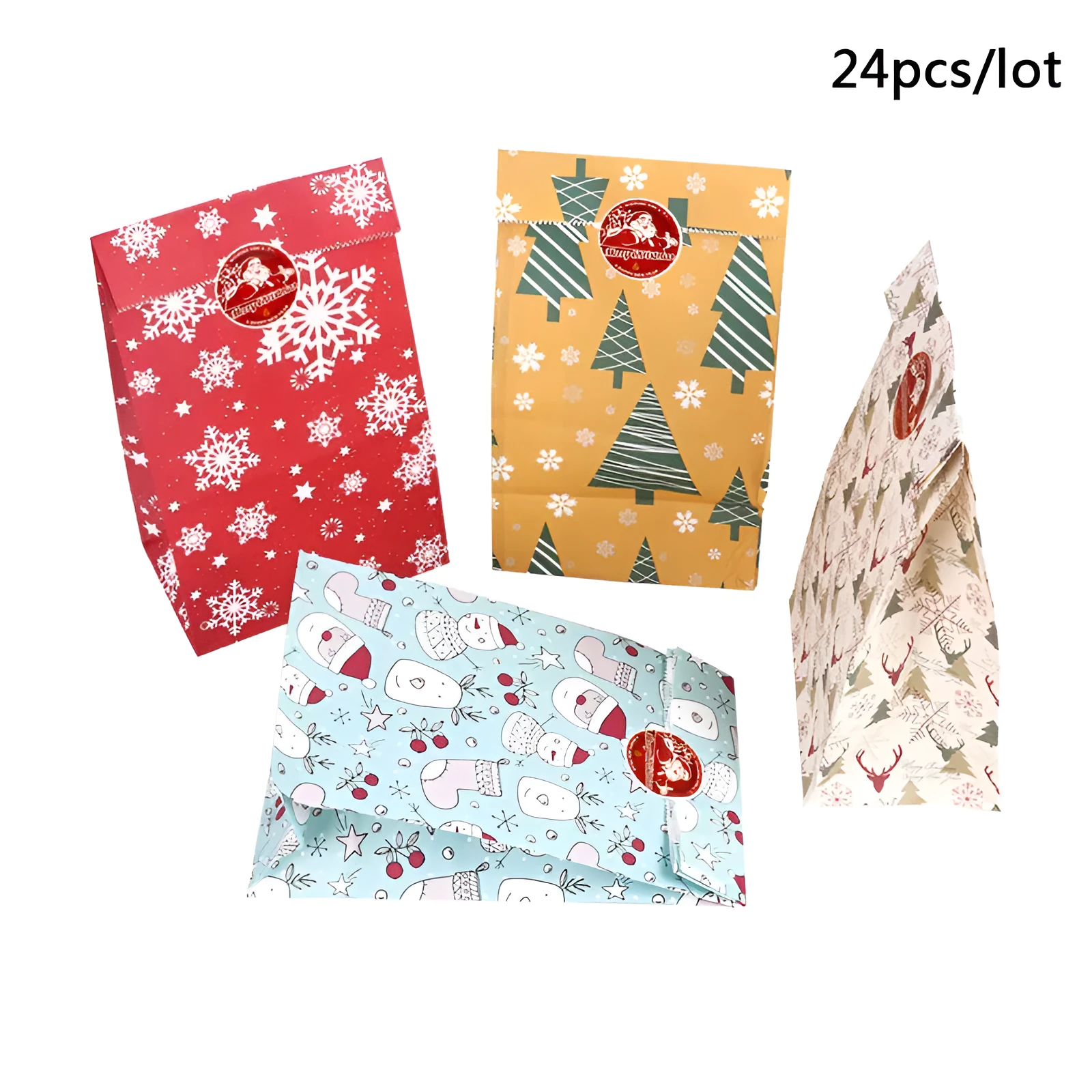 Christmas gift bag decoration set with golden bow, red bow, silver bow, train motifs, stickers, and paper bag
