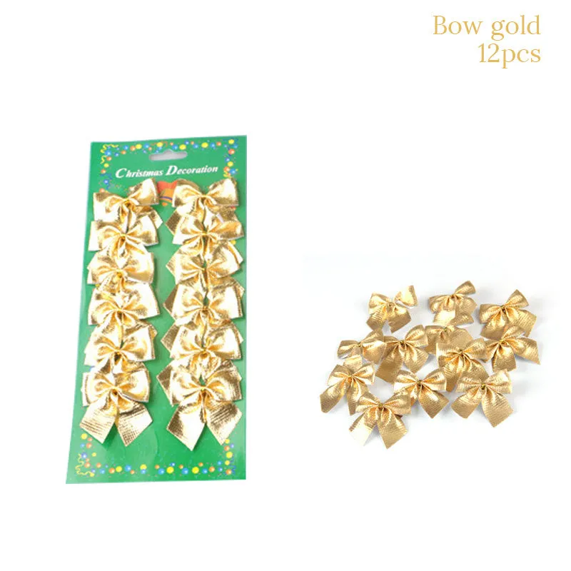 Christmas gift bag decoration set with golden bow, red bow, silver bow, train motifs, stickers, and paper bag