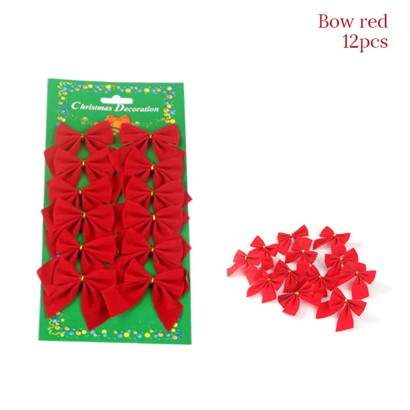 Christmas gift bag decoration set with golden bow, red bow, silver bow, train motifs, stickers, and paper bag