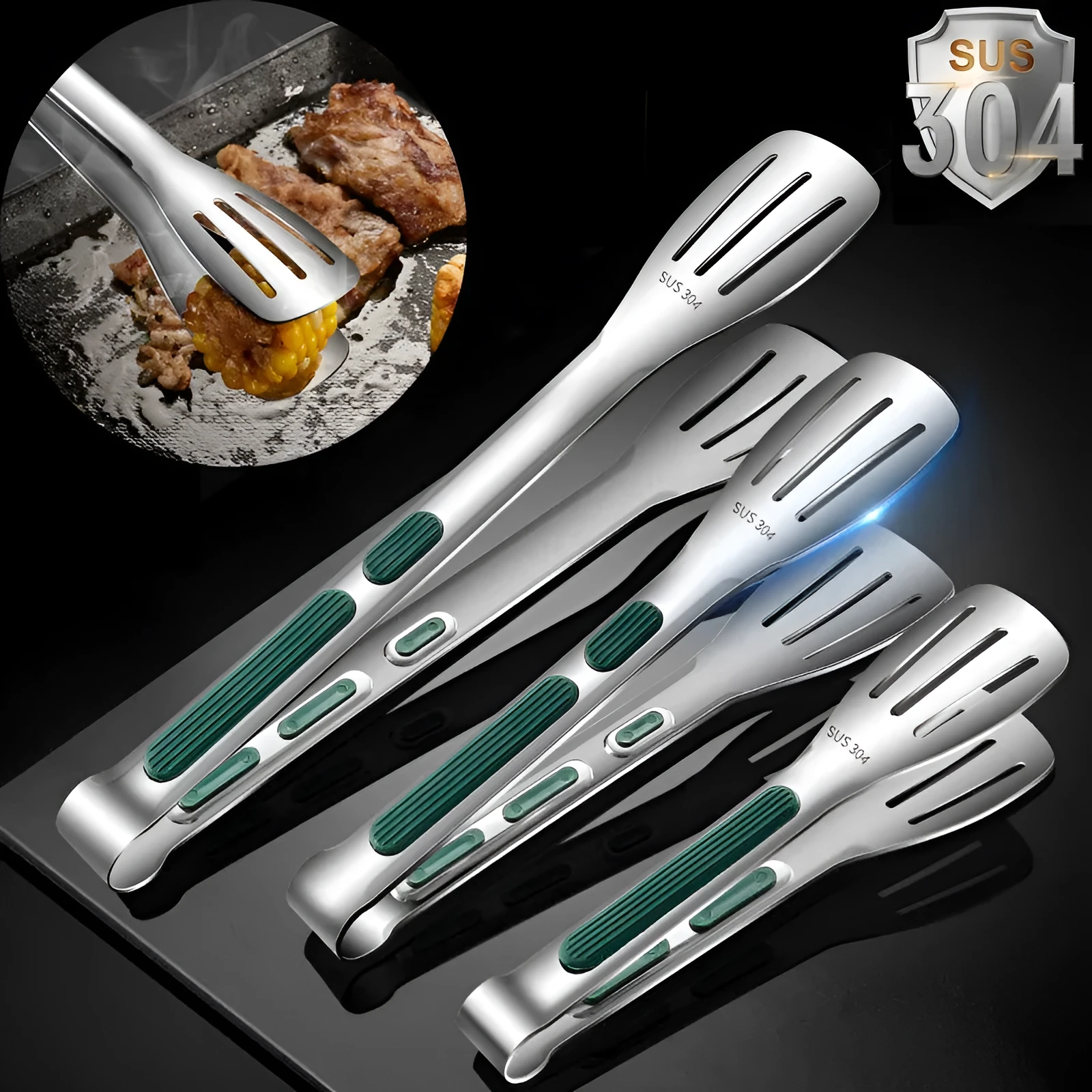 Set of three 304 stainless steel kitchen tongs with silicone handles in 7, 9, and 12 inch sizes