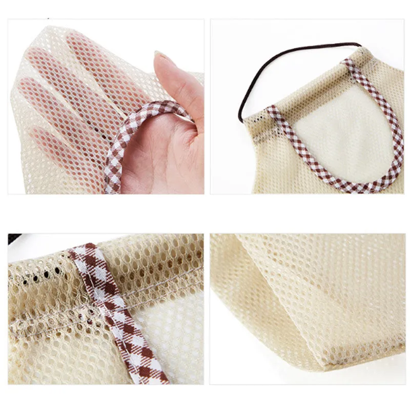 Beige plaid polyester mesh storage bag with cotton rope handles measuring 26x29cm