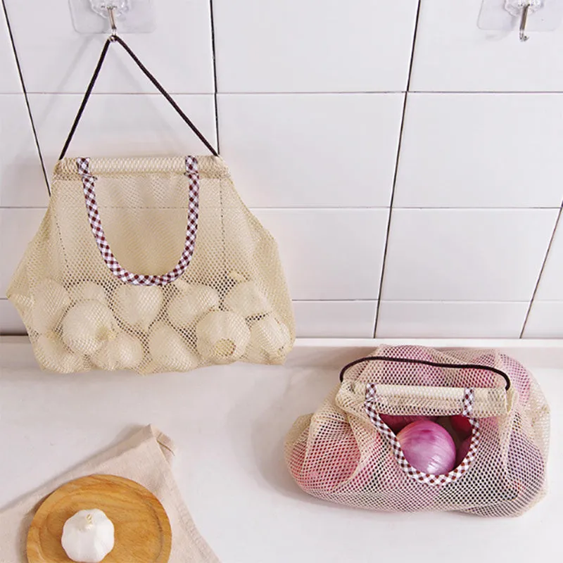 Beige plaid polyester mesh storage bag with cotton rope handles measuring 26x29cm
