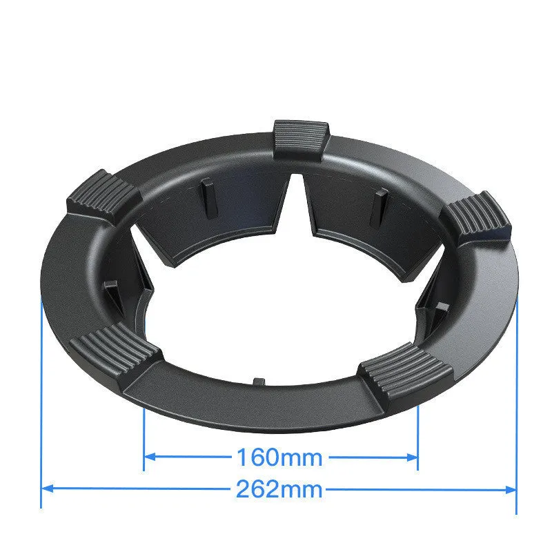 Cast iron gas stove wind shield on burner with frying pan above, non-slip kitchen accessory