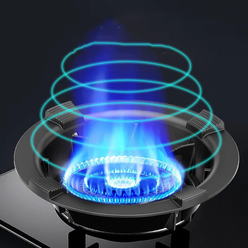 Cast iron gas stove wind shield on burner with frying pan above, non-slip kitchen accessory