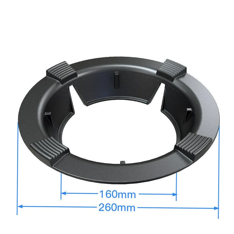 Cast iron gas stove wind shield on burner with frying pan above, non-slip kitchen accessory