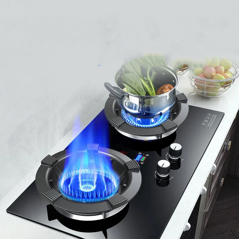 Cast iron gas stove wind shield on burner with frying pan above, non-slip kitchen accessory