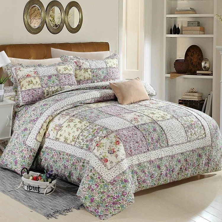 Pure cotton bedspread-style three-piece bedding set with quilted texture in various colour options