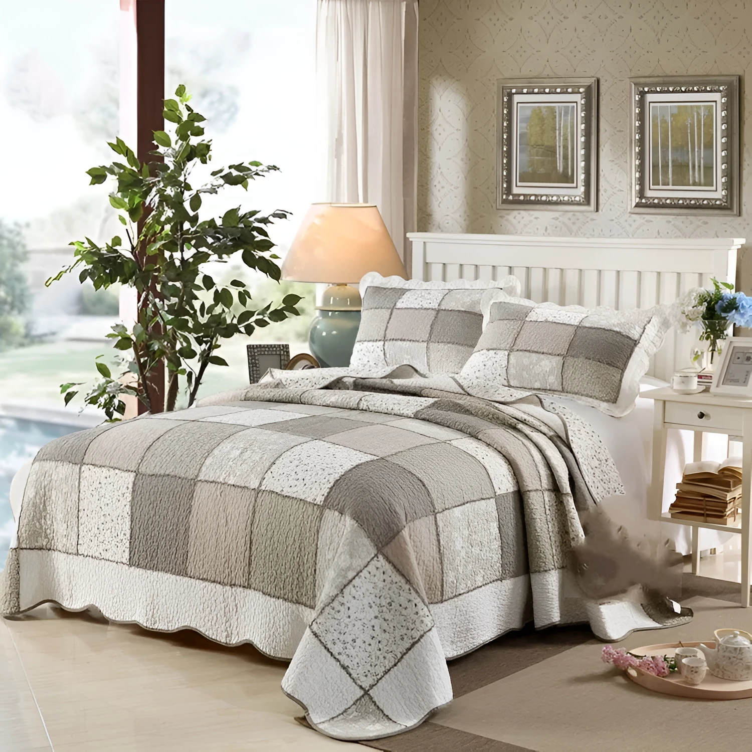 Pure cotton bedspread-style three-piece bedding set with quilted texture in various colour options