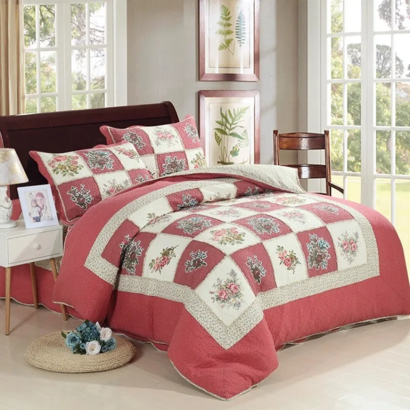 Pure cotton bedspread-style three-piece bedding set with quilted texture in various colour options