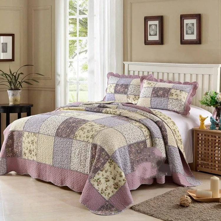 Pure cotton bedspread-style three-piece bedding set with quilted texture in various colour options