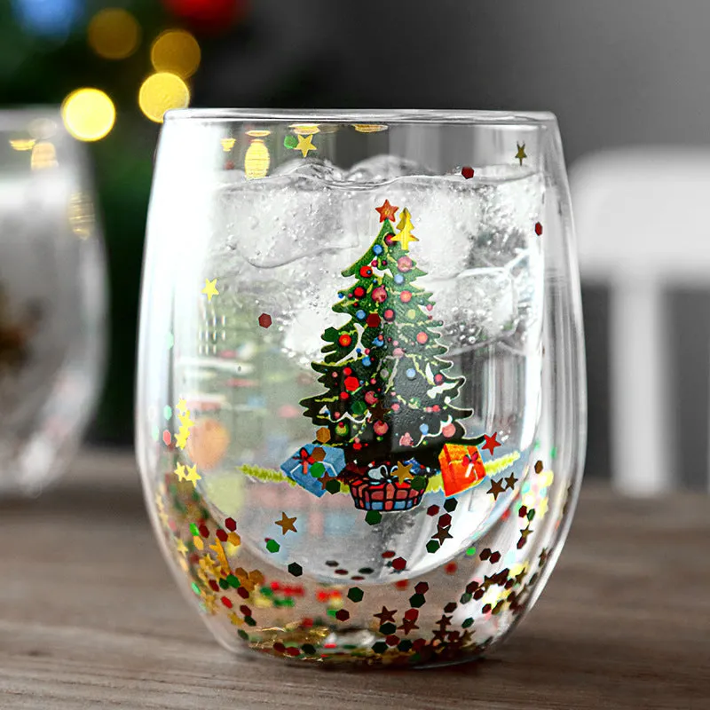 Double-layer borosilicate glass coffee cup with flowing sequins, Christmas tree design, 301-400ml capacity