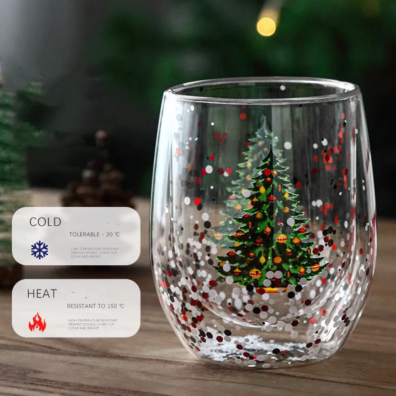 Double-layer borosilicate glass coffee cup with flowing sequins, Christmas tree design, 301-400ml capacity