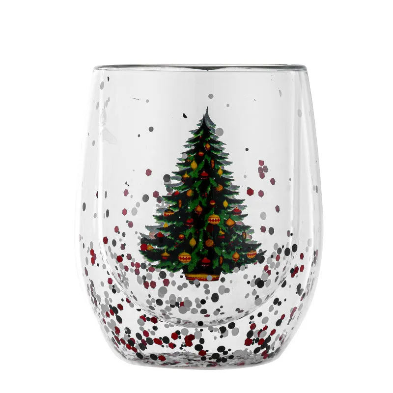 Double-layer borosilicate glass coffee cup with flowing sequins, Christmas tree design, 301-400ml capacity