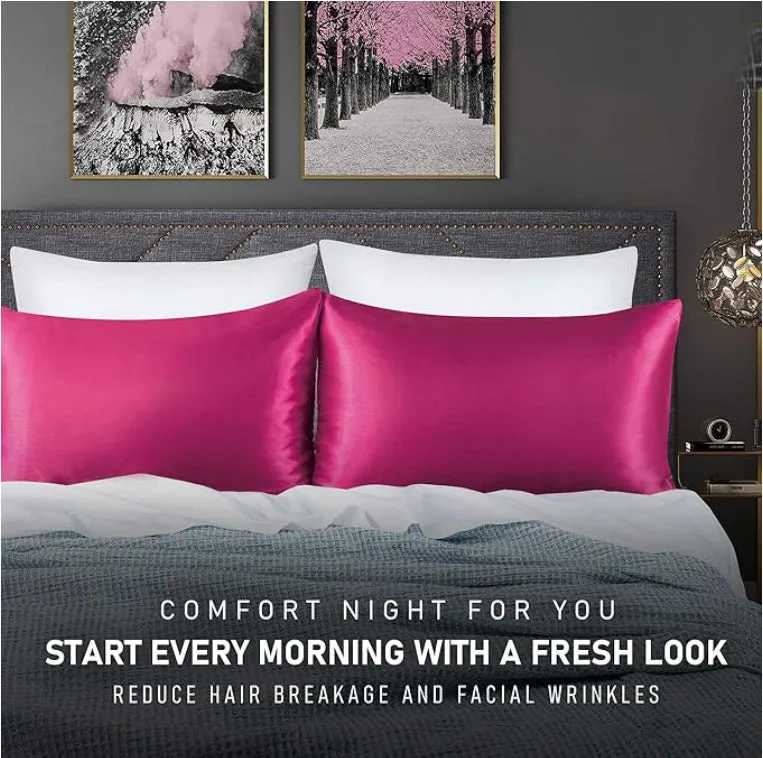 A pair of solid colour satin cloth pillowcases in a choice of thirteen colours including navy blue and rose red.