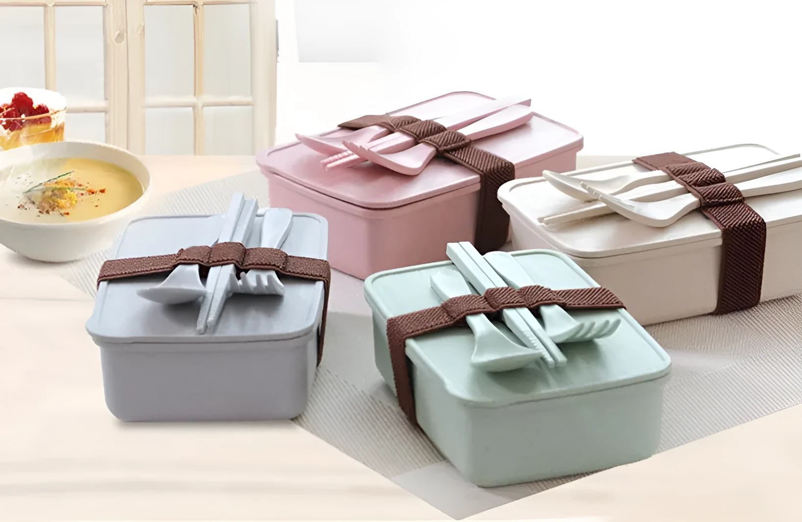 Bamboo fibre lunch box in beige with 600ml capacity, microwave safe, 16x11x5cm