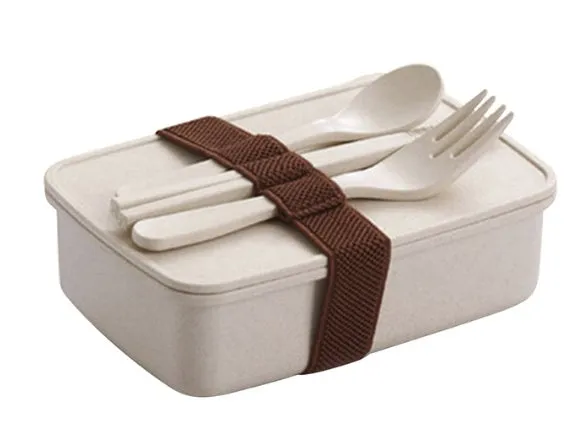 Bamboo fibre lunch box in beige with 600ml capacity, microwave safe, 16x11x5cm