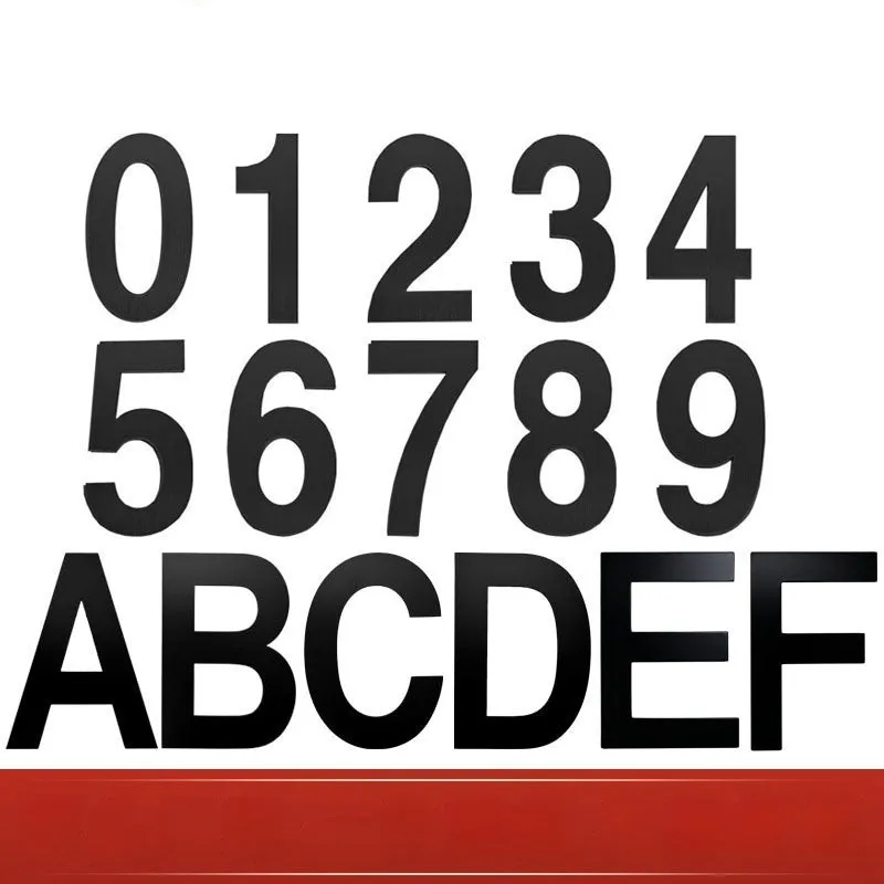 Black stainless steel sticky house numbers set showing characters A, B, 1, 2, 3 on adhesive backing.
