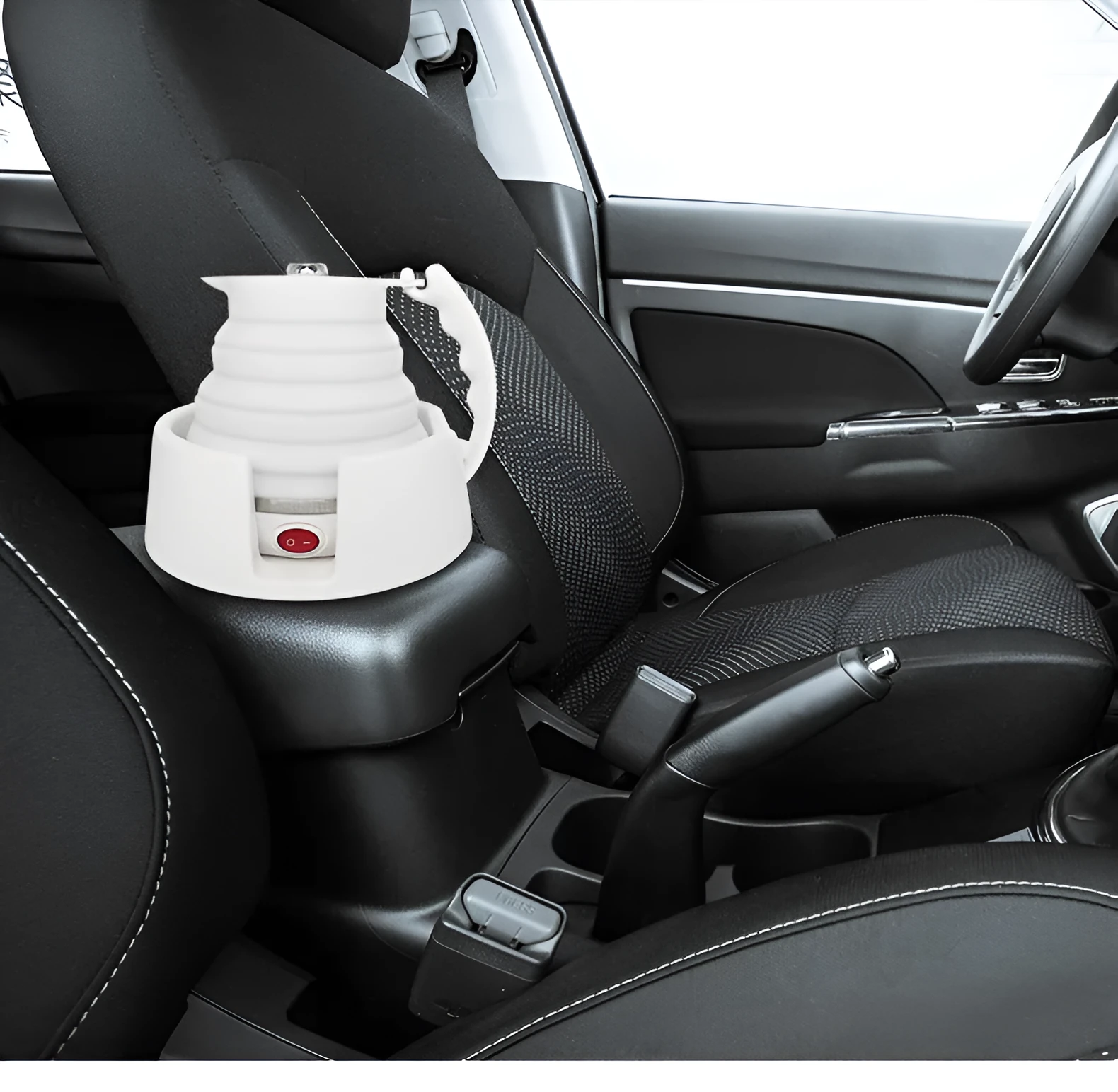 Car folding electric heating kettle 12V portable with silicone body and cup holder