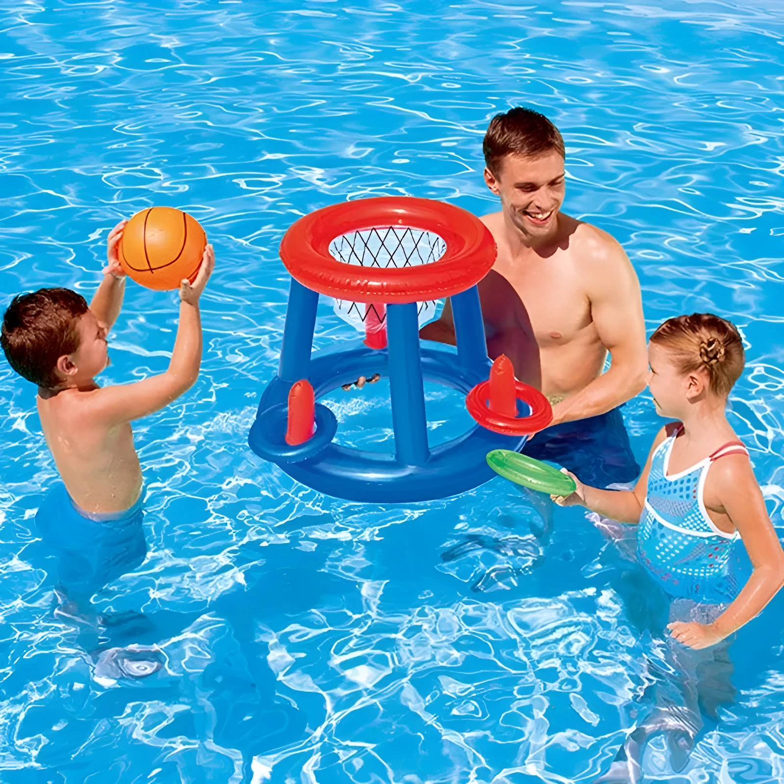 Inflatable pool basketball hoop and ring toss game set floating on water near a swimming pool