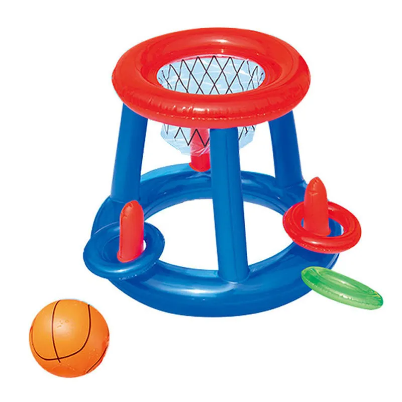 Inflatable pool basketball hoop and ring toss game set floating on water near a swimming pool