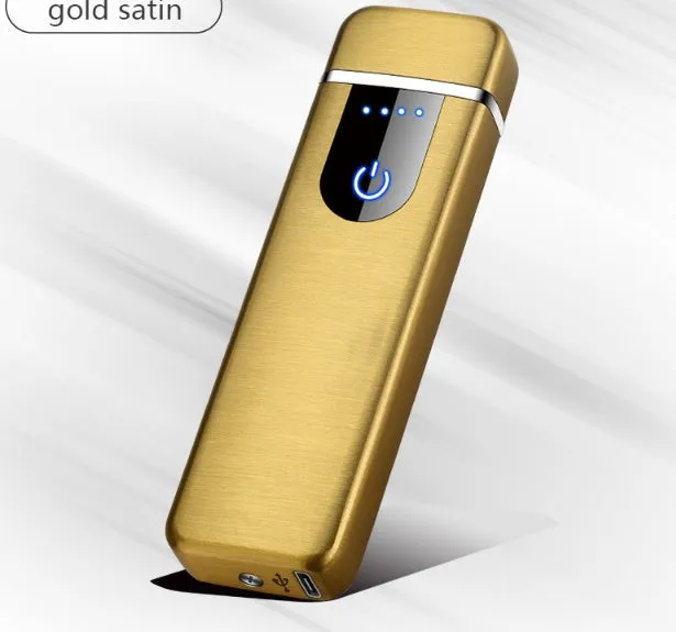 Brushed metal lighter in gold finish on a plain background.