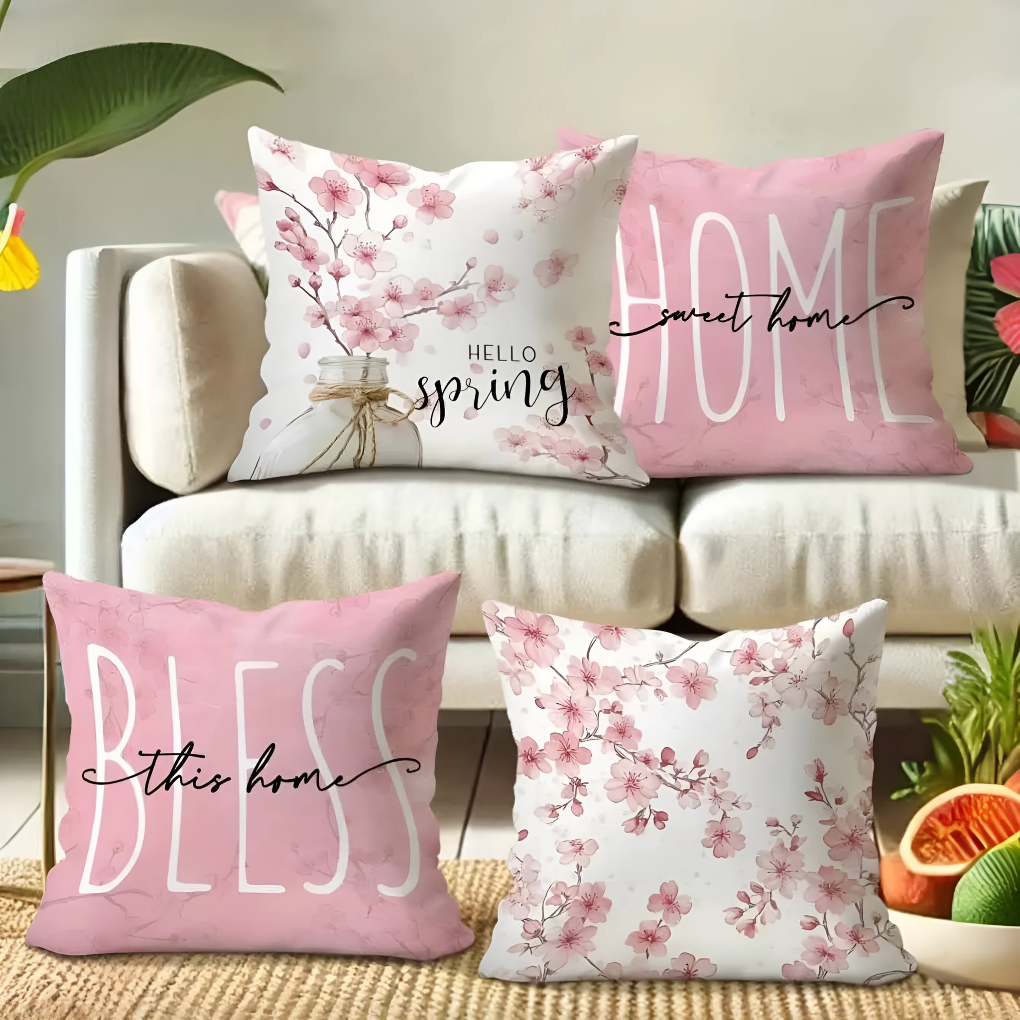 45cm square short velvet cushion cover with cherry blossom and letter print in one of four colour options.
