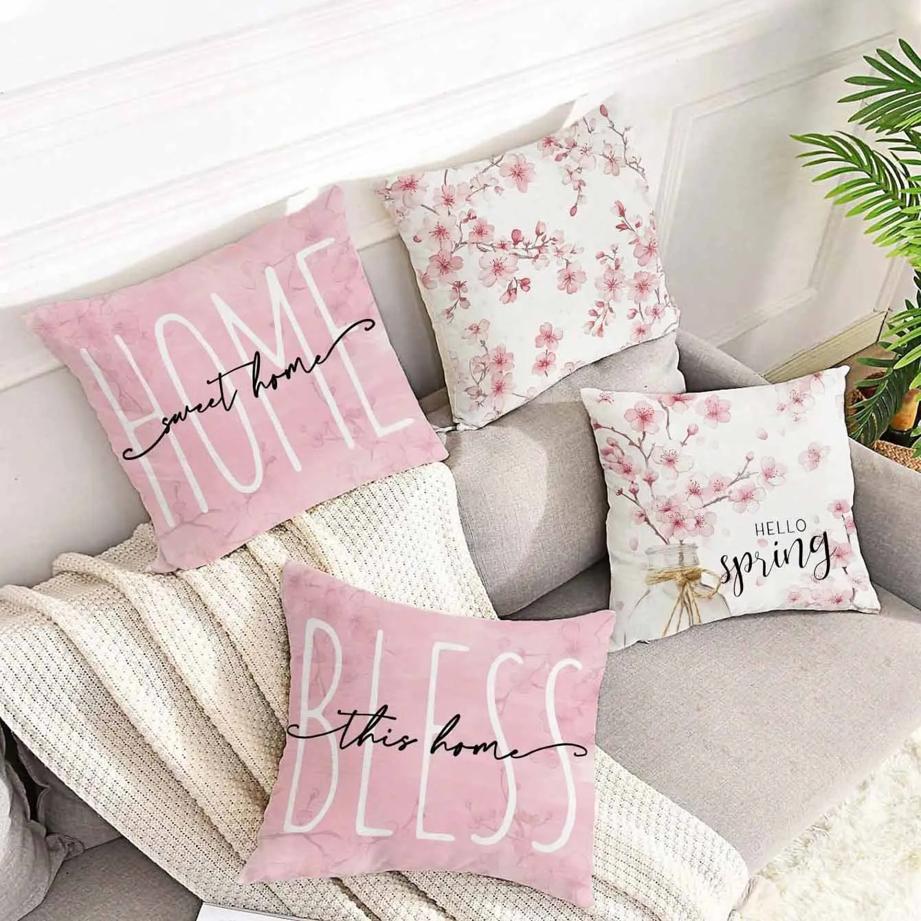 45cm square short velvet cushion cover with cherry blossom and letter print in one of four colour options.