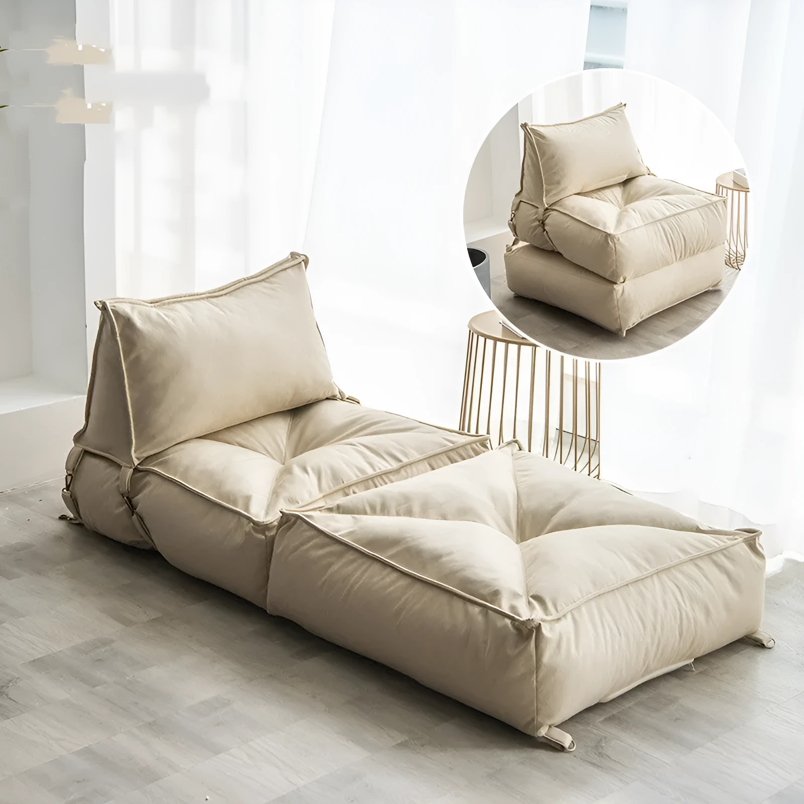 Folding back chair with fabric cover and fine-particle filler in a bedroom setting, navy blue colour option