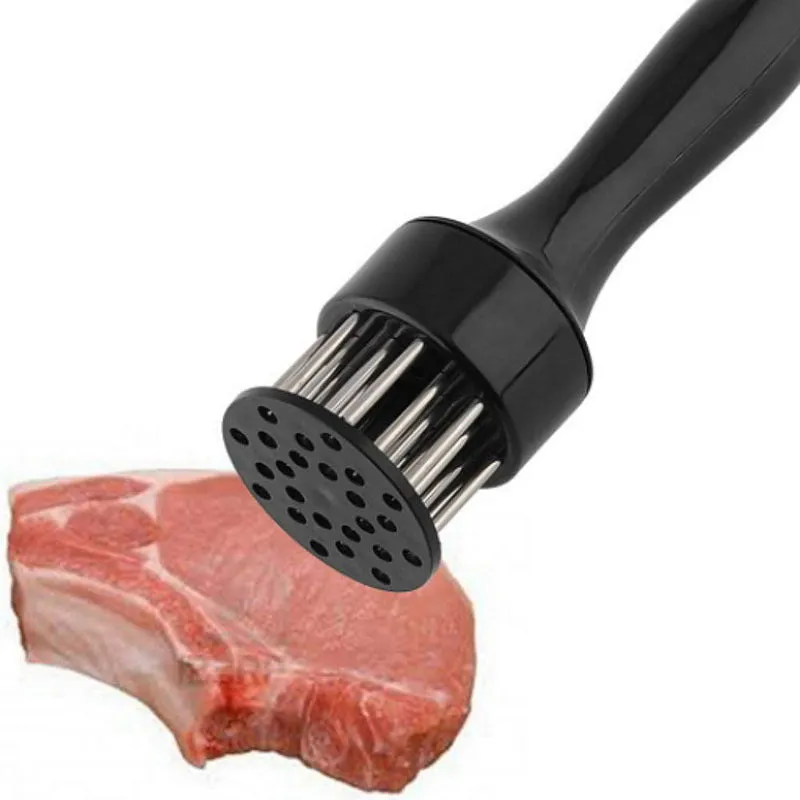 Pine meat needle tenderiser tool for steak with white handle and metal needles, shown on a kitchen surface