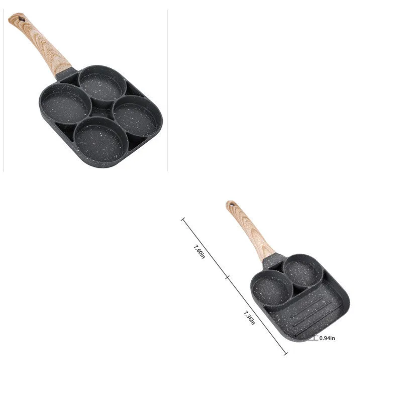 Non-stick egg dumpling frying pan in black aluminium with two holes for cooking breakfast burgers