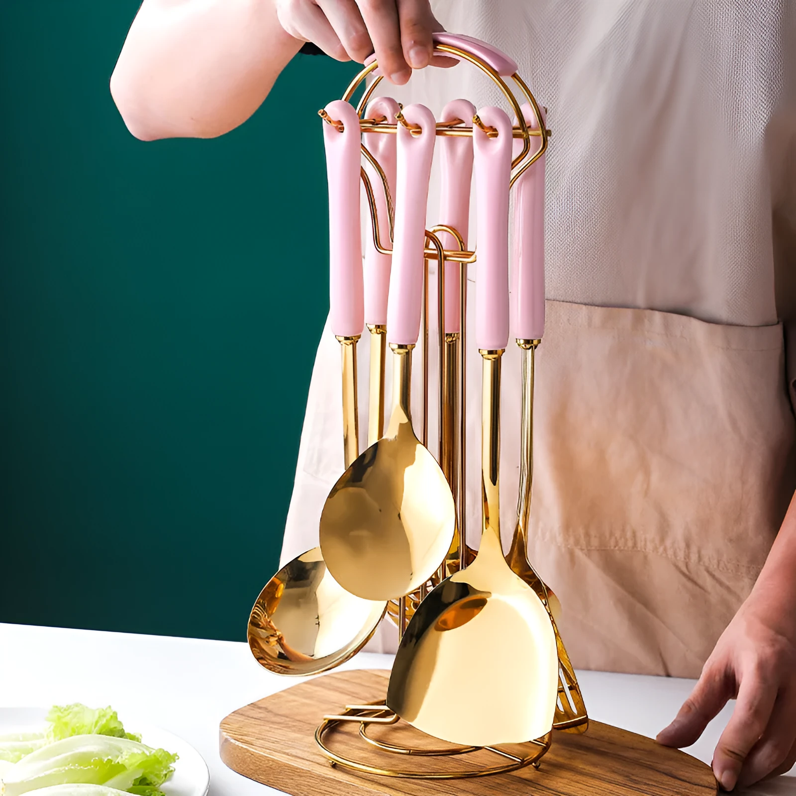 Stainless steel kitchen utensils set with scoop and shovel, available in white, pink, and black colour options