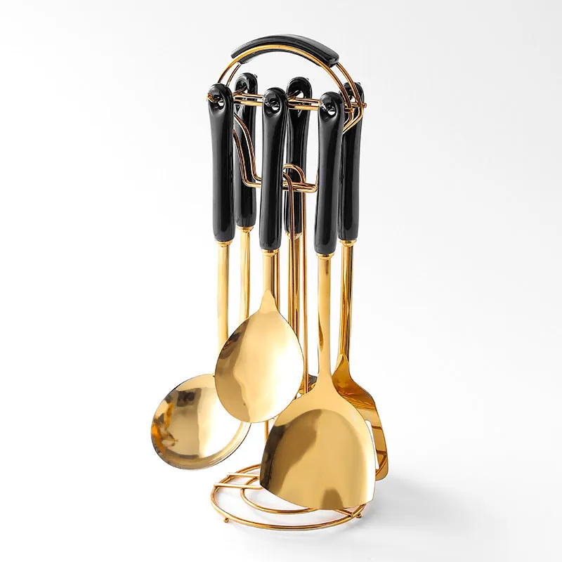 Stainless steel kitchen utensils set with scoop and shovel, available in white, pink, and black colour options