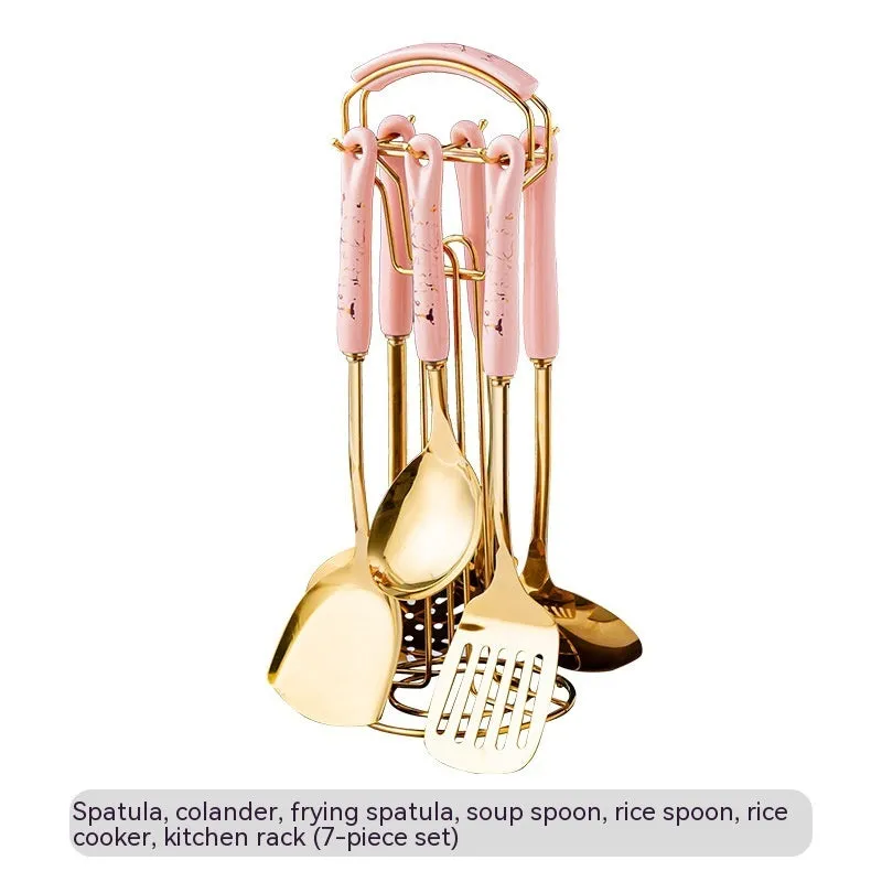 Stainless steel kitchen utensils set with scoop and shovel, available in white, pink, and black colour options