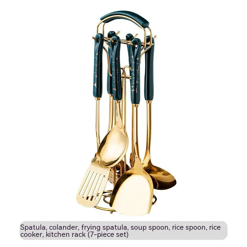 Stainless steel kitchen utensils set with scoop and shovel, available in white, pink, and black colour options