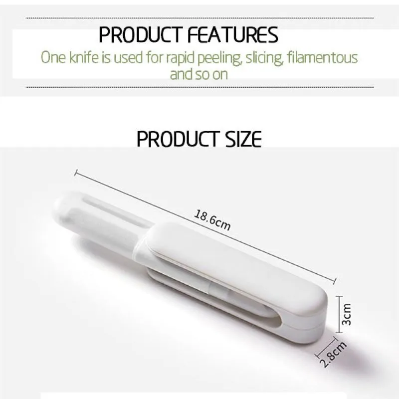 White 3 in 1 rotary paring knife with 360 degree rotating stainless steel blade on a kitchen counter
