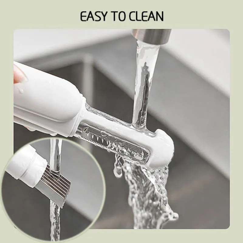 White 3 in 1 rotary paring knife with 360 degree rotating stainless steel blade on a kitchen counter