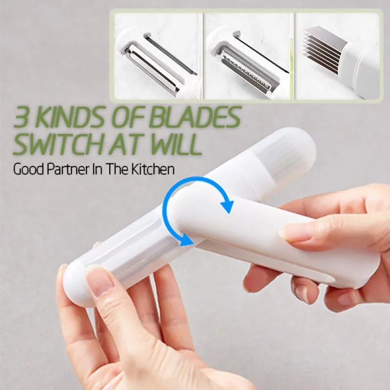 White 3 in 1 rotary paring knife with 360 degree rotating stainless steel blade on a kitchen counter