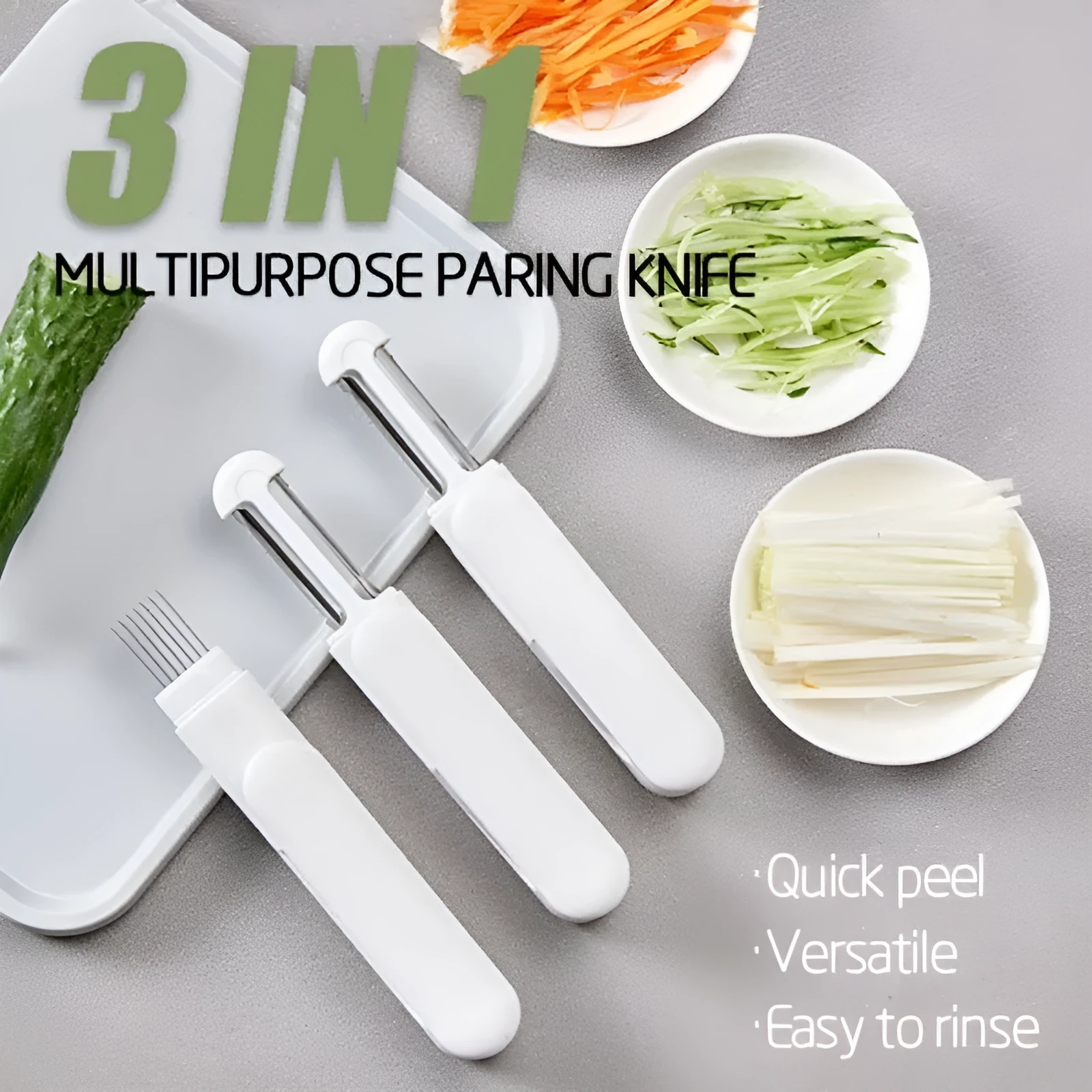 White 3 in 1 rotary paring knife with 360 degree rotating stainless steel blade on a kitchen counter