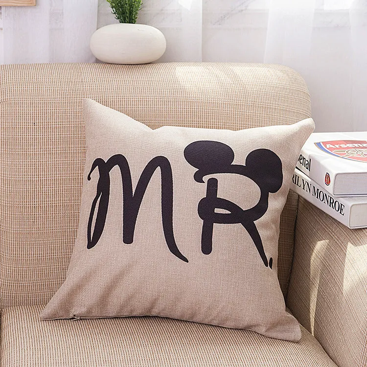 Valentine linen pillowcase with cartoon design in MR and MRS colour options, 45x45cm square