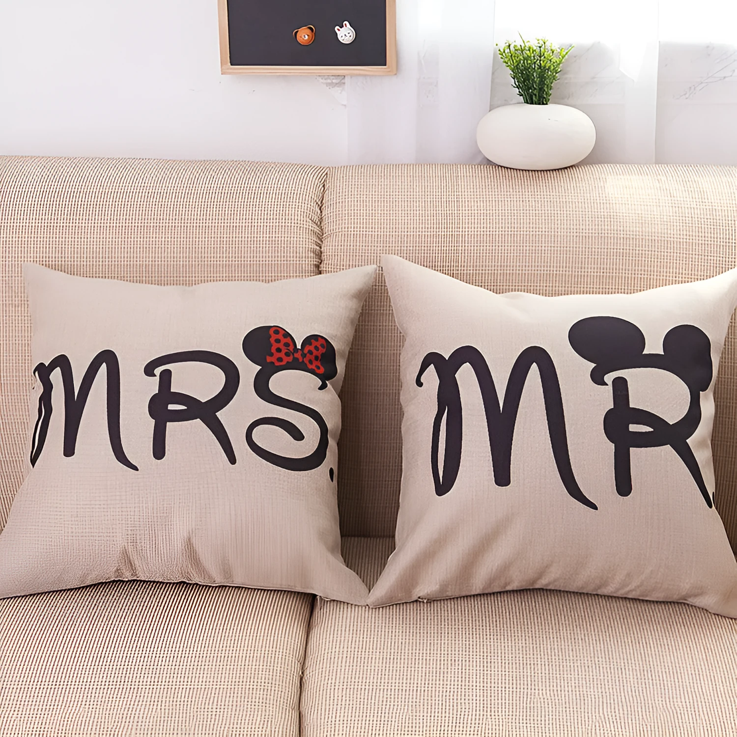 Valentine linen pillowcase with cartoon design in MR and MRS colour options, 45x45cm square